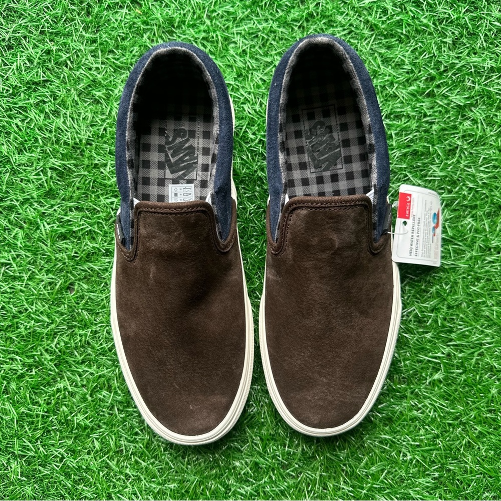 Vans Classic Slip On Pig Suede Plaid Brown Navy - Picture 9 of 10